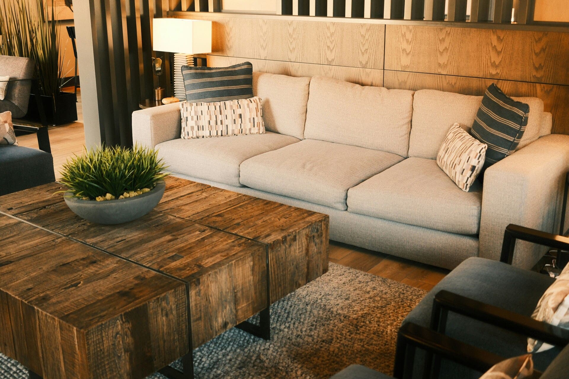 sofa poduszki drewniany stolik rośliny nowoczesny salon
