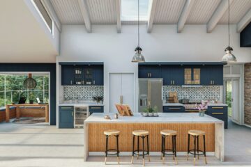 nowoczesna kuchnia kamienny blat wyspa czarne meble drewniane krzesła