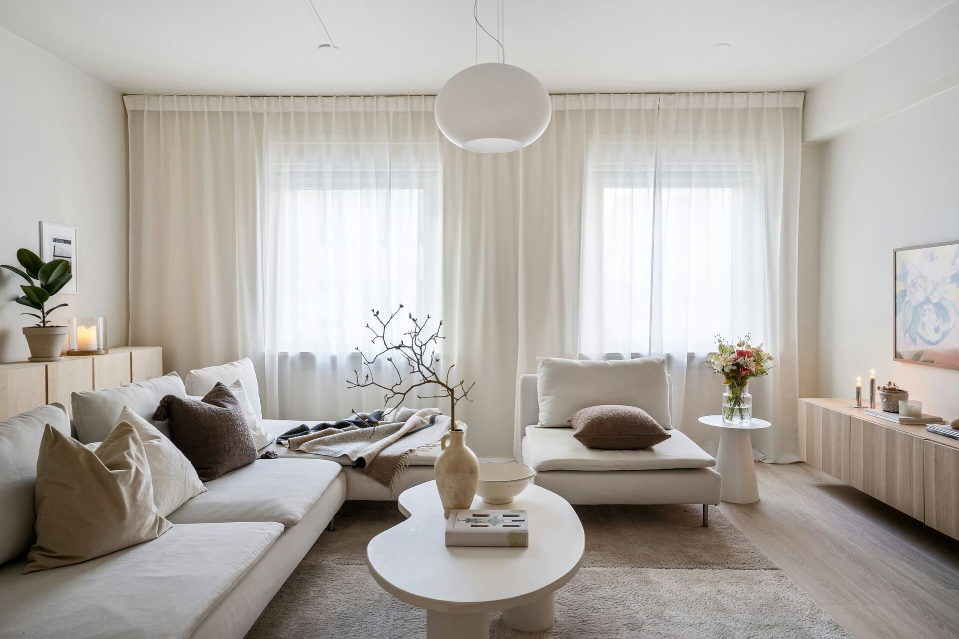 salon z kanapą dywanem zasłonami i stolikiem kawowym