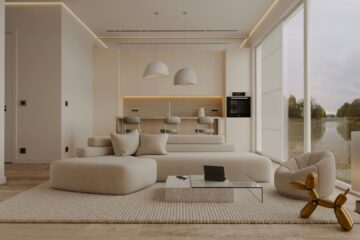 nowoczesny salon kuchnia beżowe meble duże okna minimalistyczny design