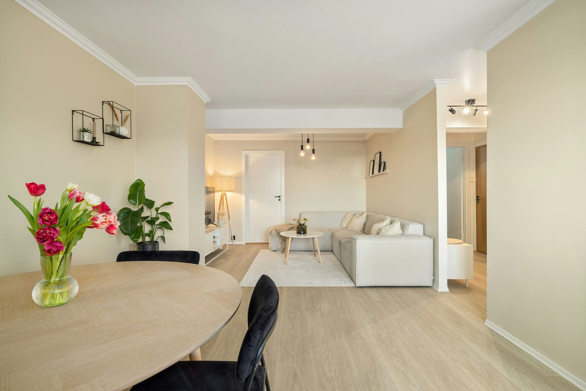 jasne wnętrze salonu z jadalnią i roślinami na stole