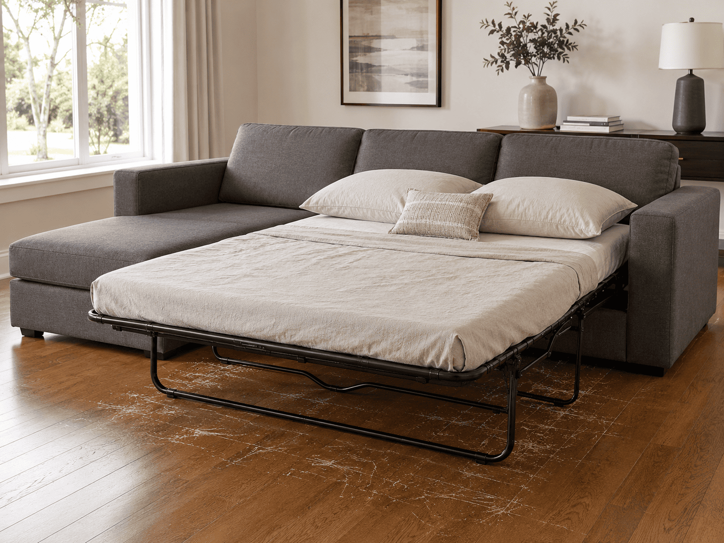 rozkładana sofa z metalowym stelażem i poduszkami